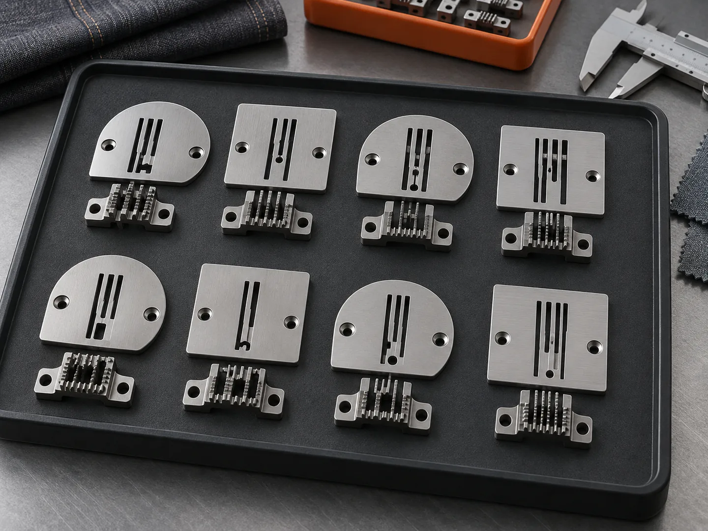 Matched industrial needle plates and feed dogs on an inspection tray