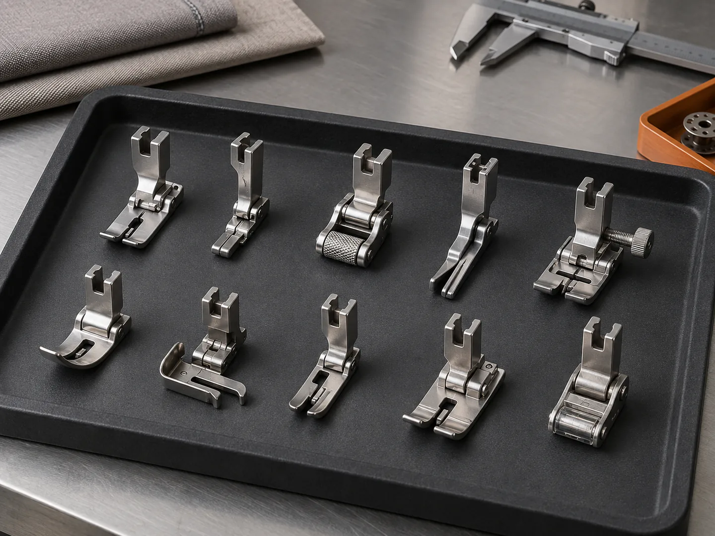 Industrial sewing machine presser feet arranged by operation