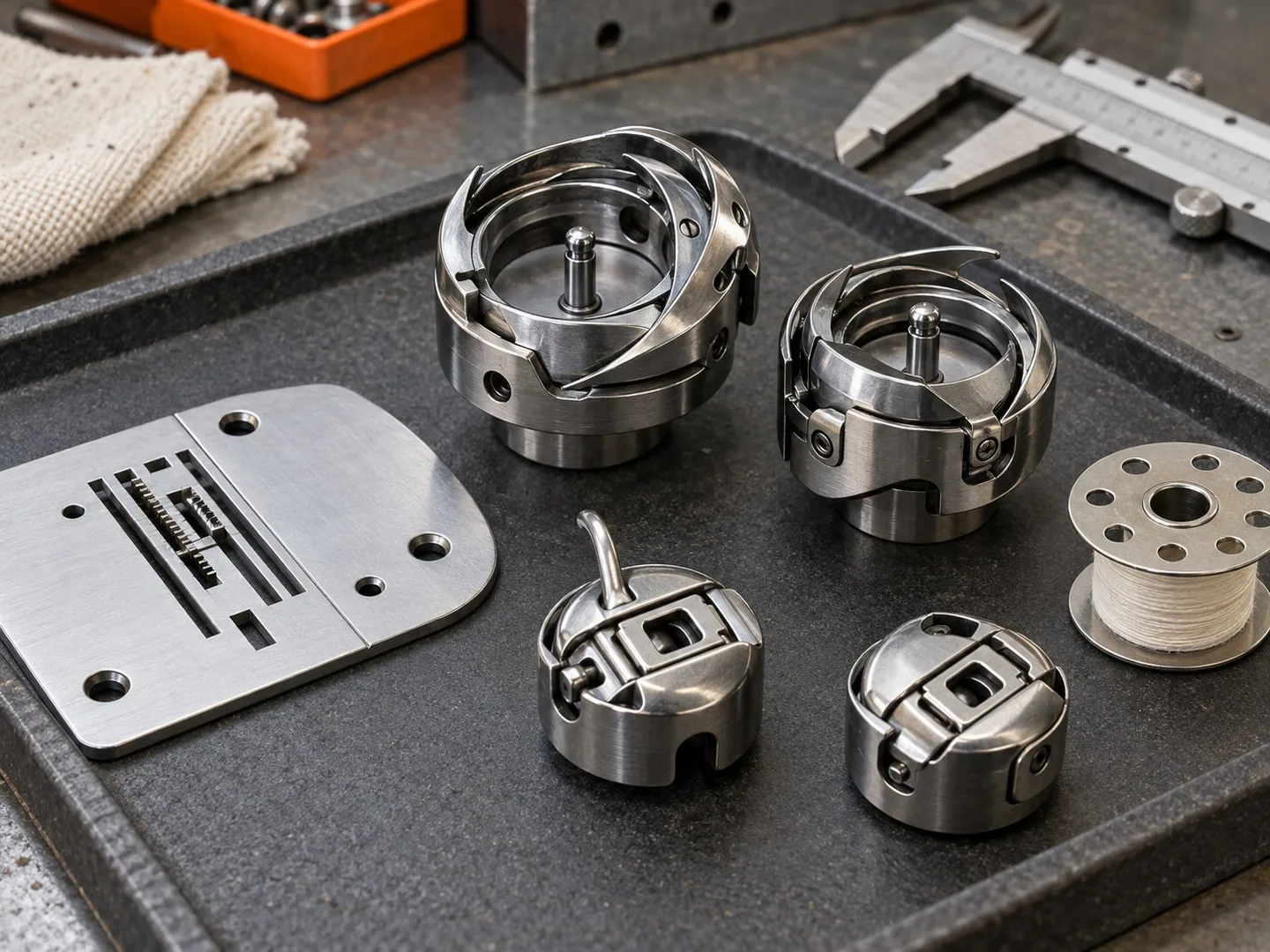 Industrial rotary hooks and bobbin cases on an inspection tray
