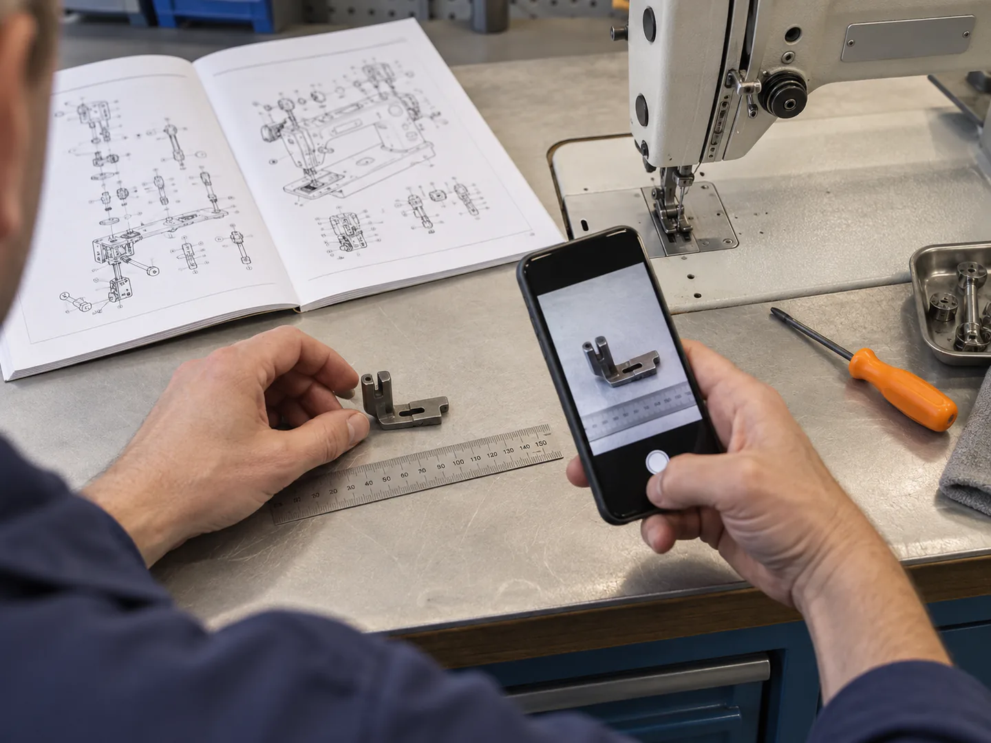 Technician photographing and measuring an industrial sewing machine part