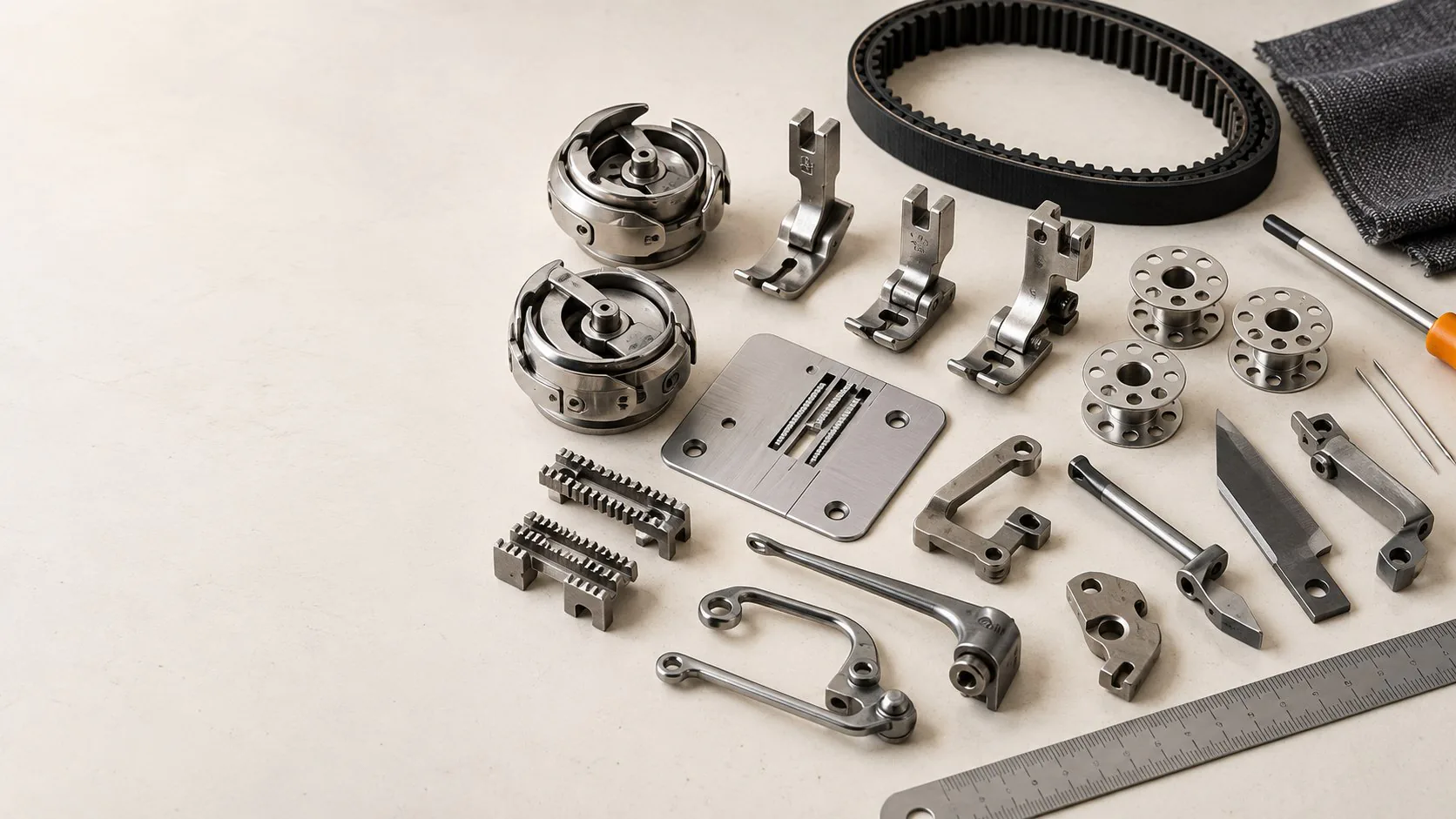 Industrial sewing machine parts organized for compatibility review