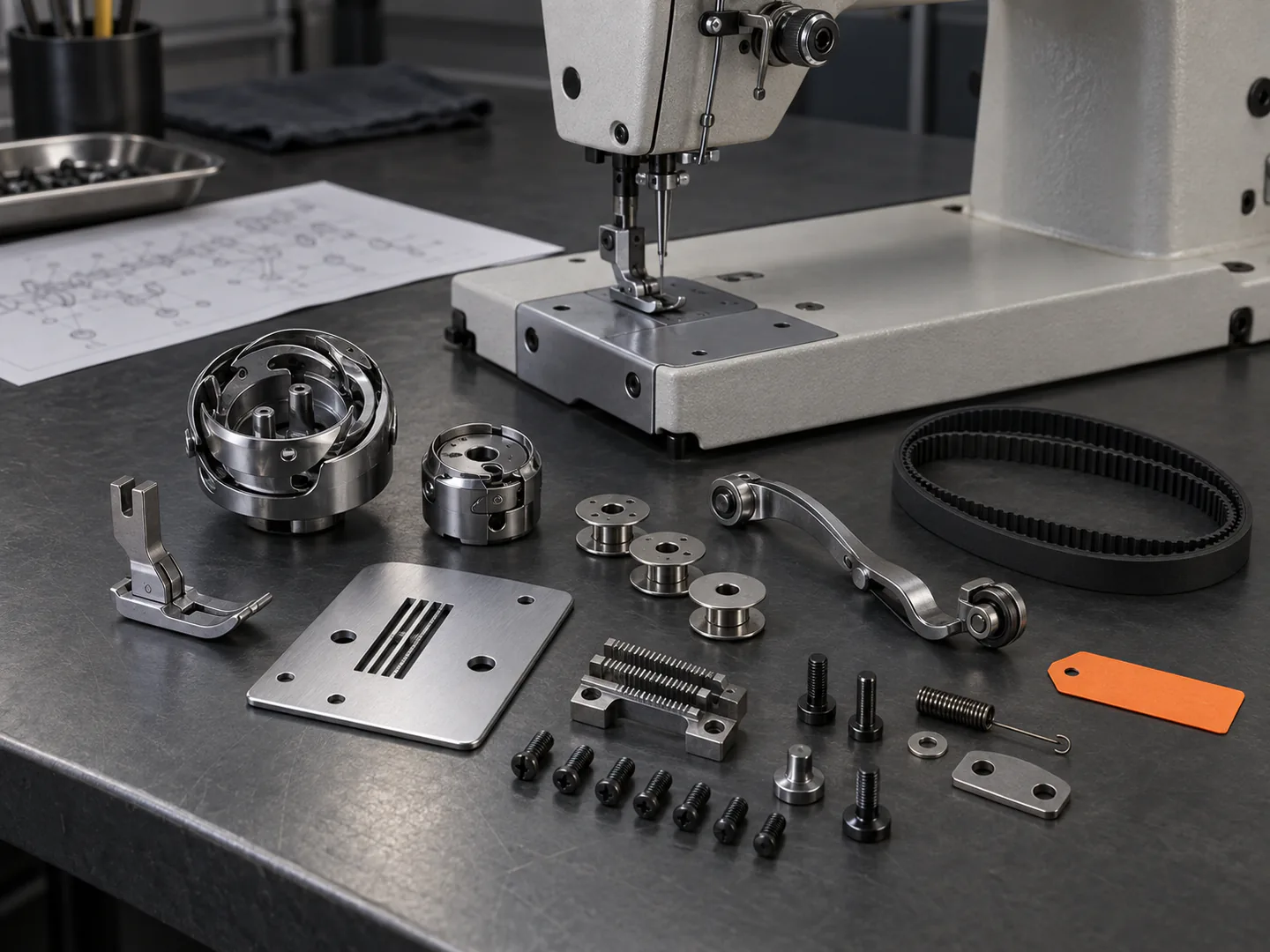 Single-needle lockstitch machine parts organized for model verification