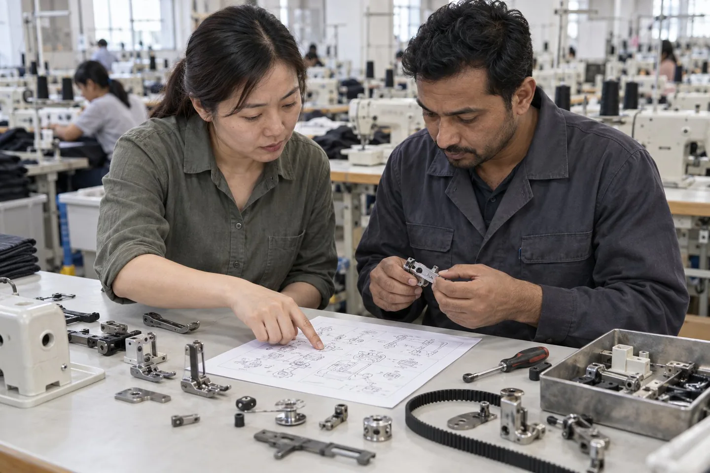 Procurement manager and technician reviewing industrial sewing parts