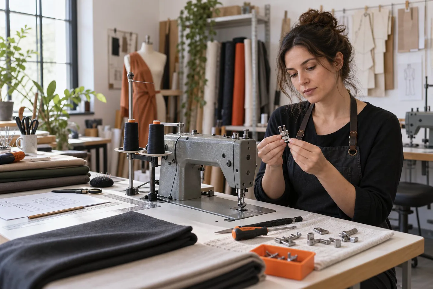 Independent sewing studio owner inspecting a replacement presser foot