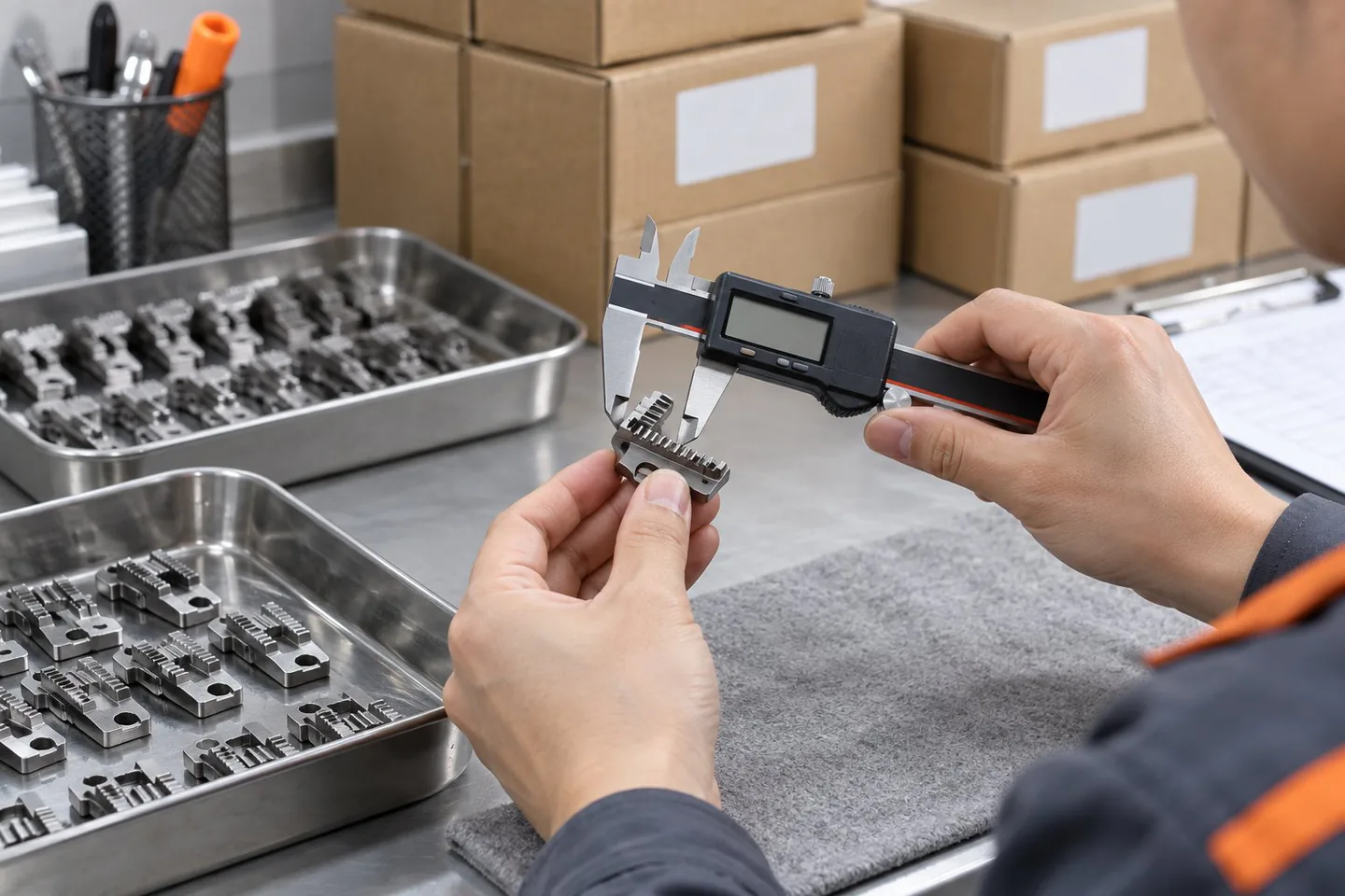 Technician measuring a feed dog with a digital caliper